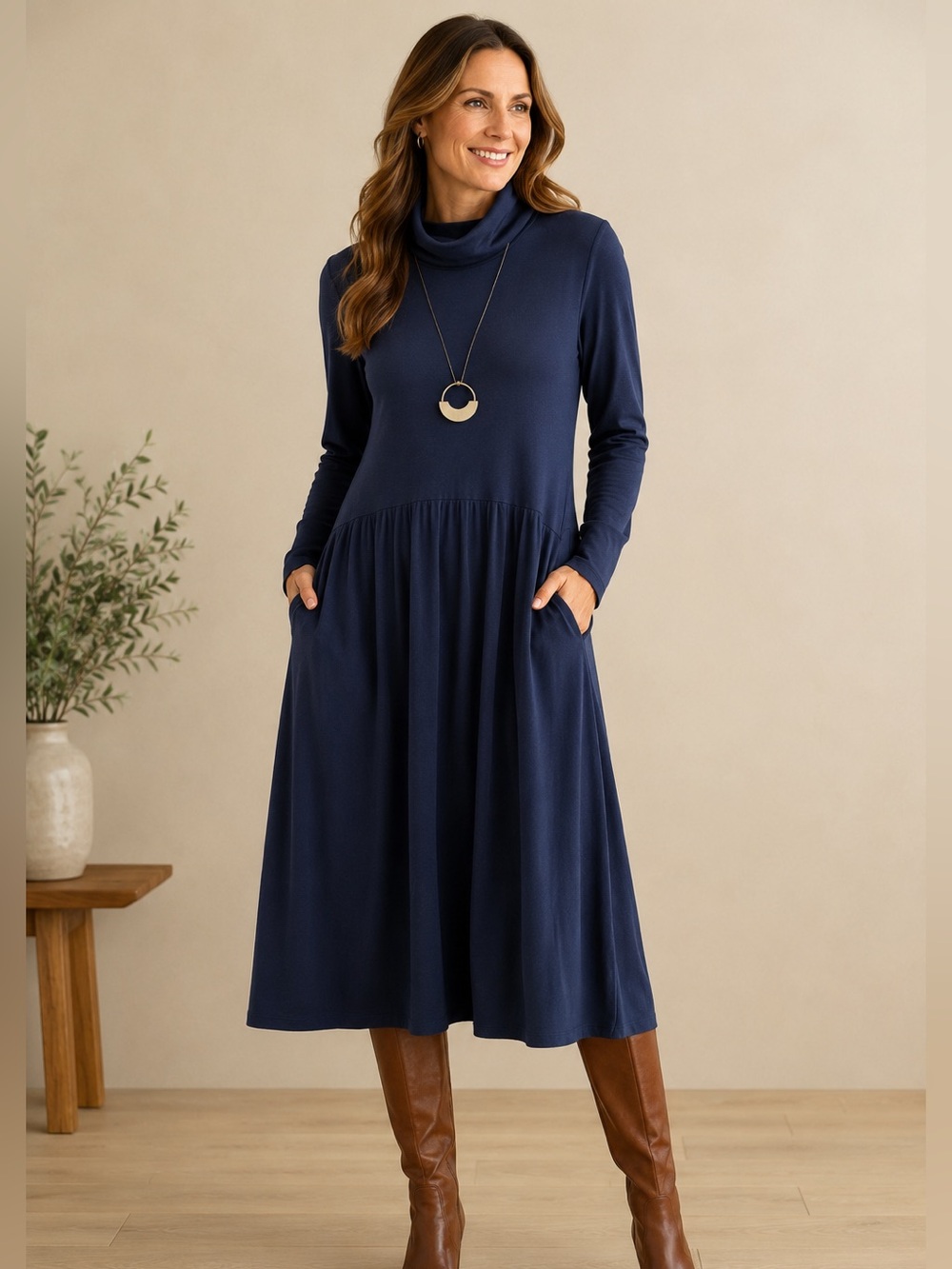 Peruvian Connection Ariana Dress XL Navy Pima Cotton Modal Turtleneck Midi Dress